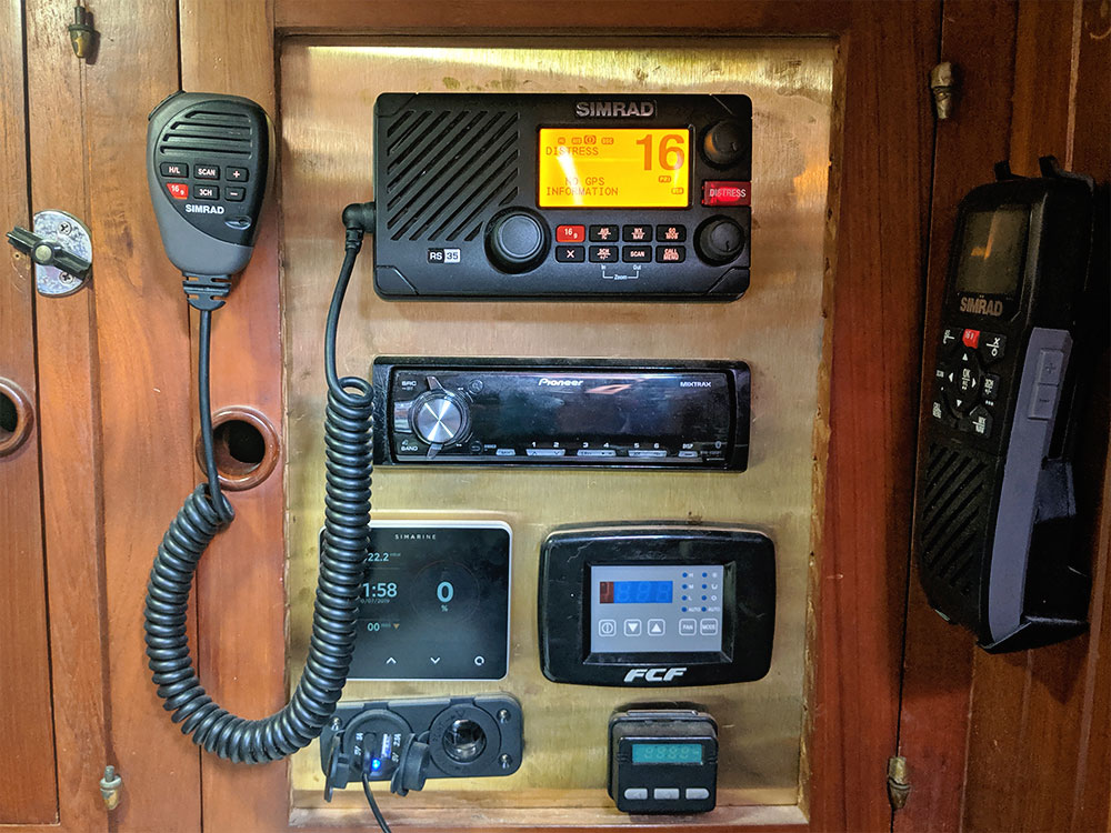 VHF and electronics panel on a sailboat
