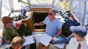 Sailors work on chart plotting techniques while underway on their sailboat