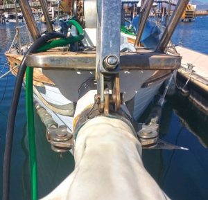Headstay toggle shifted to one side, withdark rust from failing stainless steel.