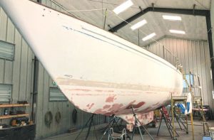 The bottom after being soda-blasted to remove 30 yearsof old bottom paint.