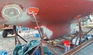 The fourth phase of a boat project, when you realize yourplanned relaunch date is a pipe dream.
