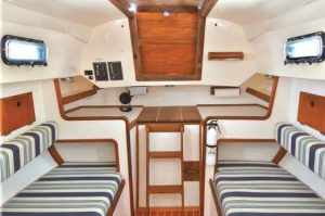 there’s not much galley counterspace and getting close to it isn’t easy,
given the companionway ladder, which
is removable.
