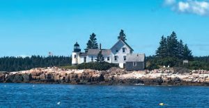 the disused lighthouse on Mark Island guards the entrance to Winter Harbor.