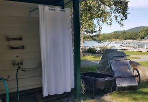 The shower facilities at Blue Hill’s Kollegewidgwok Yacht Club were rustic, but a welcome sight for cruisers.