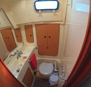 Plumbing for a shower is included in the head, which is simple to keep clean. With an opening port and deck hatch, ventilation is good.