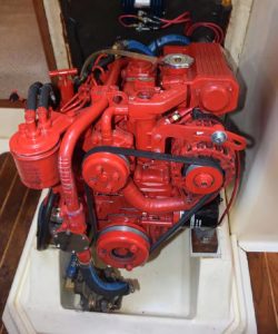 Access to the engine compartment is behind the bottom half of the companionway stairs, which are built into a large, removable fiberglass box. The Beta 20 has all major servicing points at the front of the engine, and access is excellent.