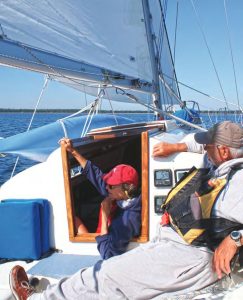 Karen and Jerry appreciate downtimeaboard Mystic, their C&C 30, while Tom and Sandy Wells
are at the helm on a sunny day in Lake Superior’s Apostle
Islands near Bayfield, Wisconsin.