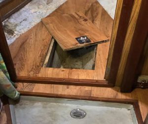 a view of the finished project showsthe new, larger bilge access in the forward cabin.
