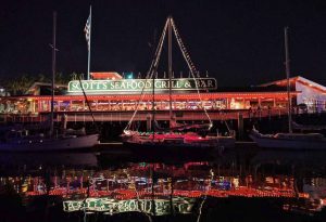 Azimuth all dressed up in lights for the Lighted YachtParade at Oakland's Jack London Square.