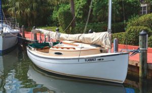 Sun Cat has shrouds port andstarboard, which are integral to the
Mastendr rig-raising-and-lowering
system. As a cat rig, there is no backstay.
