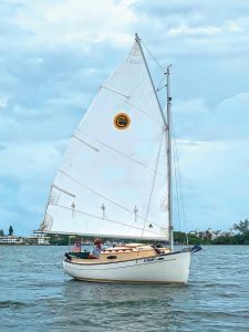 the Sun Cat does not have alarge sail area, which means it needs a
little breeze to get going, but also does
not need to be reefed too early. Photo:
Charles Yeager