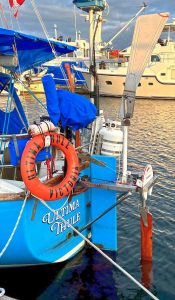 Ultima Thule is equipped witha self-steering wind-powered vane.
Space is limited on a 27-foot boat, so in
the absence of a ventilated locker, the
propane tank is mounted to the stern
pulpit.