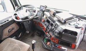 Similar to a boat’s cockpit, this 18-wheeler had radios,GPS, a bunk, and a small fridge.