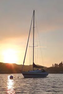 Secret Plans at sunset at a mooring ball in Rogue’sRoost, a hideout near Halifax accessible only by water.
A favorite destination, it’s a reasonable day sail and is
always calm.
