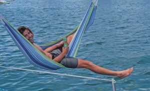 Nathan chills in the hammock, on thewater at last.