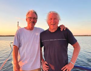 Dan and Herb, best boat bros, stop somewhereon the Intracoastal Waterway
while taking Dan’s new trawler up the
East Coast from Florida to Rhode Island.
