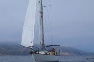 Ghosting along under the fog offshore,Kirra and Nathan get their sea legs on
their new boat.