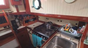 The galley is small but all business, withplenty of storage and a three-burner
stove.