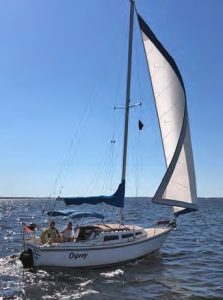 Osprey under sail, niceand level. The leak only
occurred when the boat
was heeling under sail.
