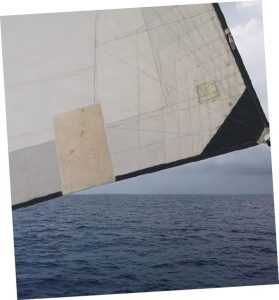 The patched sail isdeployed and hanging
tight. Done properly, an
adhesive patch can last
for miles and years and is
a much easier in-the-field
option than sewing