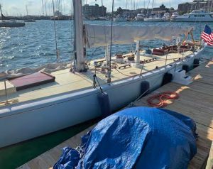 The deck layout of Weatherly, a 12 MetreClass America’s Cup boat, moored in
Newport, Rhode Island.