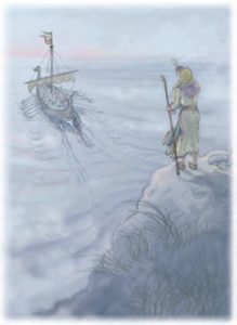 Illustration of person waving off boat