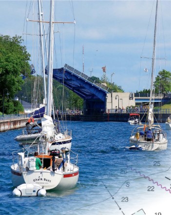 sailboats queuing at drawbridge