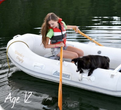 child and dog on a rowboat