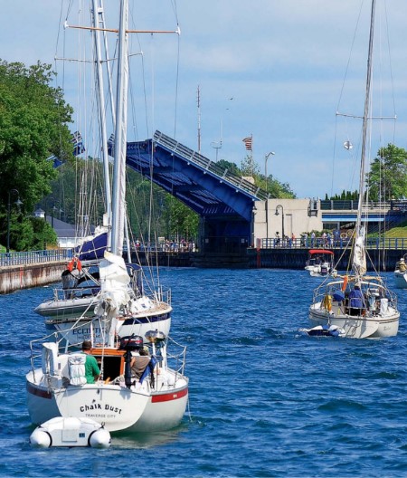 boat waiting to pass drawbridge
