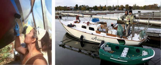 woman painting boat and people on a boat