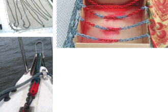 Shoal Survivor’s trampoline presents a convenient surface for Drew to lay out and measure his anchor chain for marking, top left. A discarded cardboard box protects the trampoline from overspray, top right, and is easy to dispose of afterward. Notches in the sides of the box prevent the chain from slipping. After 100 nights of anchoring in sand and mud, the first mark is well-worn but still very functional, above.