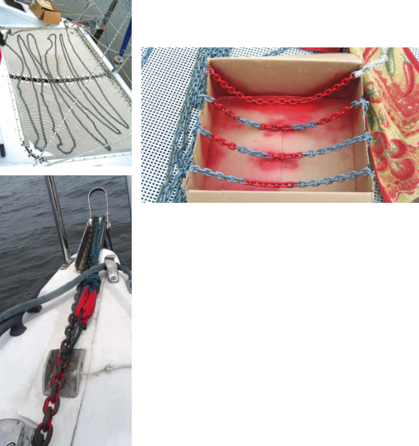Shoal Survivor’s trampoline presents a convenient surface for Drew to lay out and measure his anchor chain for marking, top left. A discarded cardboard box protects the trampoline from overspray, top right, and is easy to dispose of afterward. Notches in the sides of the box prevent the chain from slipping. After 100 nights of anchoring in sand and mud, the first mark is well-worn but still very functional, above.