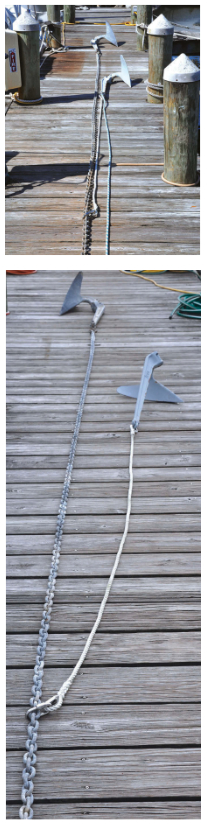 The main anchor sets first, at top, and Roger then deploys the second anchor, which is on its own rode but connected to the main rode by the bridle. The connection is made with a quick link, at left.