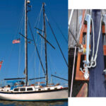 Britannia always lies to two anchors, at top. Her main anchor is on a chain rode, at right, to which Roger attaches the second anchor by means of a rope bridle.