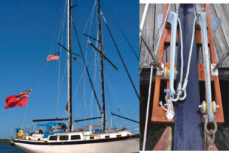 Britannia always lies to two anchors, at top. Her main anchor is on a chain rode, at right, to which Roger attaches the second anchor by means of a rope bridle.