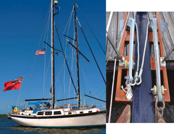 Britannia always lies to two anchors, at top. Her main anchor is on a chain rode, at right, to which Roger attaches the second anchor by means of a rope bridle.