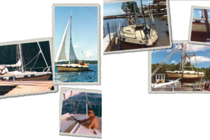 Even when Cyndi and her husband, Scott (standing on the right), far left, owned her, Barracuda was rebellious, though she taught Cyndi to sail, near left. A previous owner had been Gerry Speiss, above and below left, who was famous for sailing east across the Atlantic in his homebuilt 10-foot plywood boat. His wife, Sally, sent the photos of Gerry and of Barracuda in her unmistakable tan livery, at right.