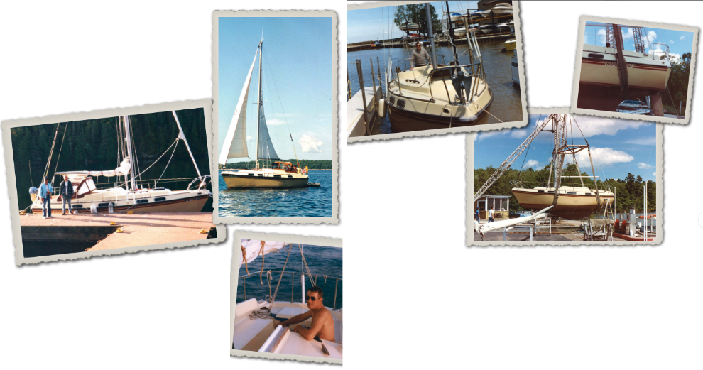 Even when Cyndi and her husband, Scott (standing on the right), far left, owned her, Barracuda was rebellious, though she taught Cyndi to sail, near left. A previous owner had been Gerry Speiss, above and below left, who was famous for sailing east across the Atlantic in his homebuilt 10-foot plywood boat. His wife, Sally, sent the photos of Gerry and of Barracuda in her unmistakable tan livery, at right.