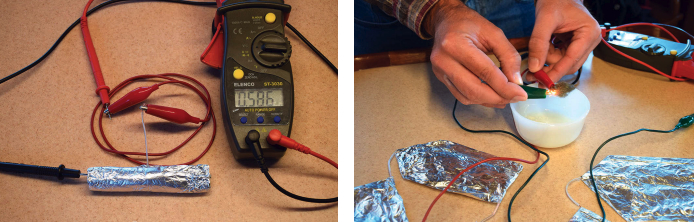 The larger cell can be made fairly compact, at left, but no matter how compact or large it is, a single aluminum-copper cell will only produce 0.6 volts. It will, however, take longer to discharge. When connected to a small number of these cells wired in series, a cotton ball-sized wad of steel wool will begin to glow red, at right, and create enough heat to ignite a piece of paper towel.