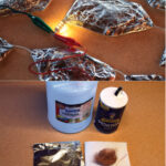 All that’s needed to create a homemade primary cell is vinegar, salt, aluminum, copper, and paper towels or cardboard, above. When connected in series, 19 of these cells will form a battery with enough power to light up a 12-volt, 25 LED bulb, at top of page.