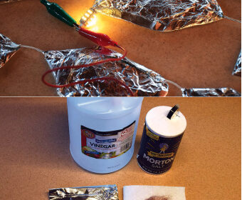 All that’s needed to create a homemade primary cell is vinegar, salt, aluminum, copper, and paper towels or cardboard, above. When connected in series, 19 of these cells will form a battery with enough power to light up a 12-volt, 25 LED bulb, at top of page.