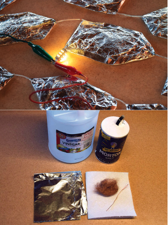 All that’s needed to create a homemade primary cell is vinegar, salt, aluminum, copper, and paper towels or cardboard, above. When connected in series, 19 of these cells will form a battery with enough power to light up a 12-volt, 25 LED bulb, at top of page.