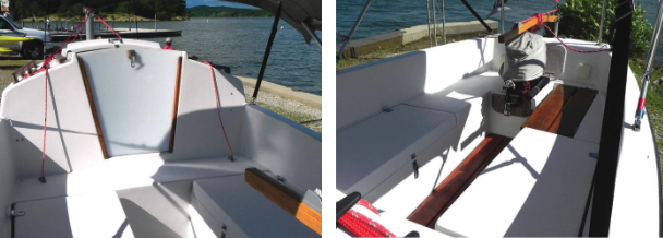 The bridge deck is essential as the cockpit is not self-draining, at left. Red control lines for the bilgeboards are visible both sides. The seats are long enough to lie down on and secure inside the high seatbacks, at right. In its well, the outboard motor is within easy reach.