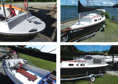 Clockwise from top left: A cleat and a pair of chocks adorn the aft deck that encloses the canoe stern. The bowsprit can carry an anchor but the sidedecks provide only a narrow path to the foredeck. The canvas “summer enclosure” that converts the cockpit into additional living space also makes it a pleasant place for sleeping, especially with the cockpit floor-boards filling the footwell to seat level.