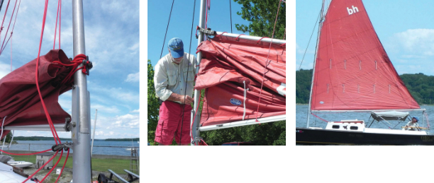 The tabernacle, at left, allows the mast to be quickly lowered, even for slipping under low bridges. Lazy-jacks tame the gaff when the sail is lowered, center. The gaff rig is easy to handle, at right, and the sail’s two sets of reef points are needed when the breeze is up.