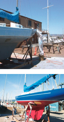 Peter and Sue’s labors impressed members of the Island Yacht Club (behind Newt), top above, who invited them up for steaks and beer. Almost done! The new red bottom really set off the blue hull, above.
