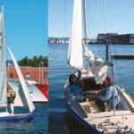 Before her restoration, Newt was a little down at heel, main picture, but after Peter and Sue smothered her with love and fresh paint, she glowed, upper left, even when down on her lines under the launching party.