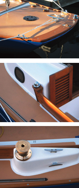 The Bluenose is delicate, as are many of its details, like the little backstay adjuster and tiny scuppers in the teak toerails, at top. The beige deck, varnished teak, and white cabin trunk are a traditional palette, middle, and the polished bronze Barlow winch is the ultimate deck jewel, above.