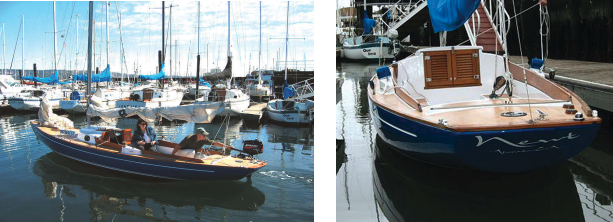 The outboard is mounted on a side bracket, top left, so it can be reached from the helm (and doesn’t hide Sue’s artful lettering on the transom), top right. Newt’s rebirth was a worthy champagne moment, facing page.
