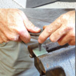 The solar panel is fastened to a glued-on pad with an embedded bolt, at top. Over-and-under nuts allow the panel’s height to be adjusted. Drew made the pads from precast fiberglass, tapped threads into them for the bolts, middle, then threaded and glued the bolts into the pads and ground them flush on the bottoms, at left.